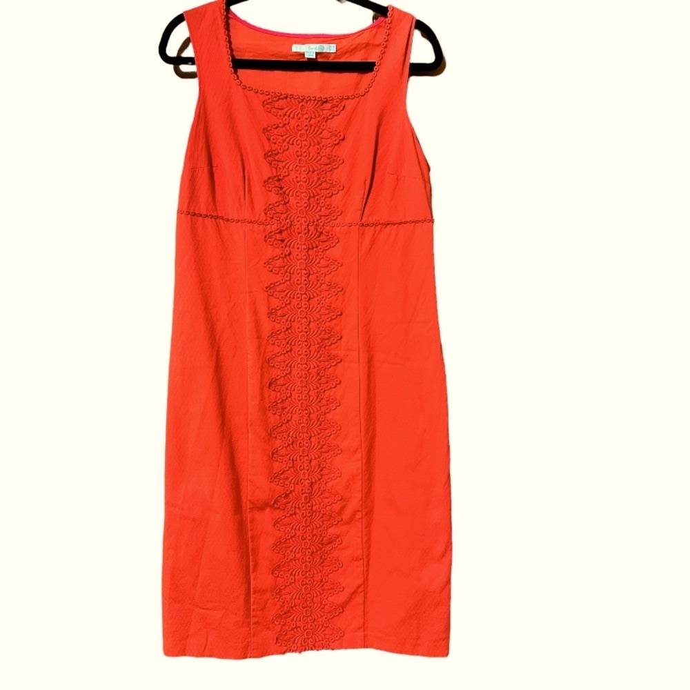 Boden Dress, Coral Pink Sheath with Eyelet Crocheted Detail, Size 10L